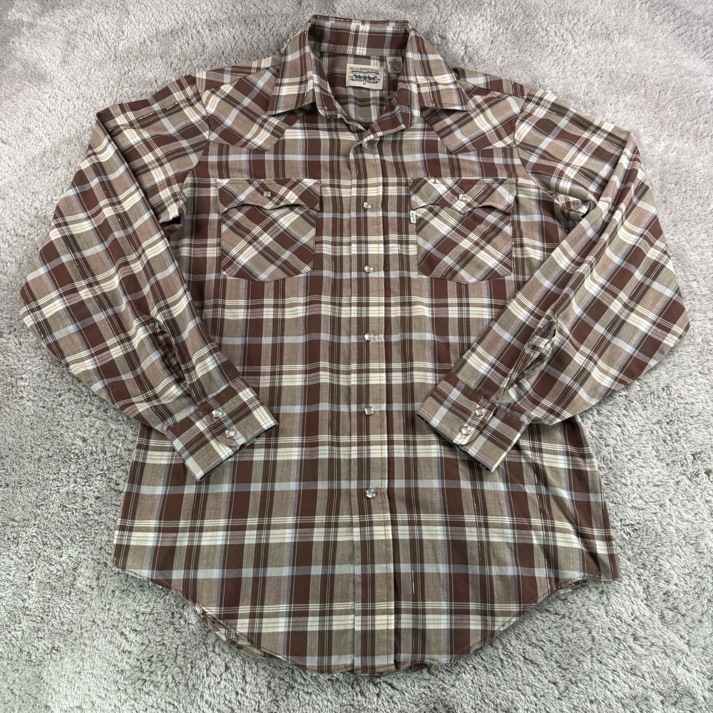 Vintage 1980s Levi Strauss Western Pearl Snap Shirt Mens Medium Brown Plaid